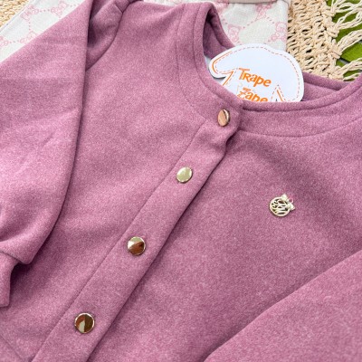 Conj. Casaco Soft, Blusa com Gola Bordada e Calça Legging Ursinhos - Uva e Areia